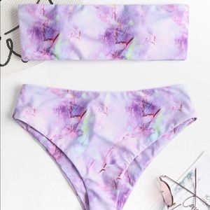 High waisted marble print strapless swimsuit